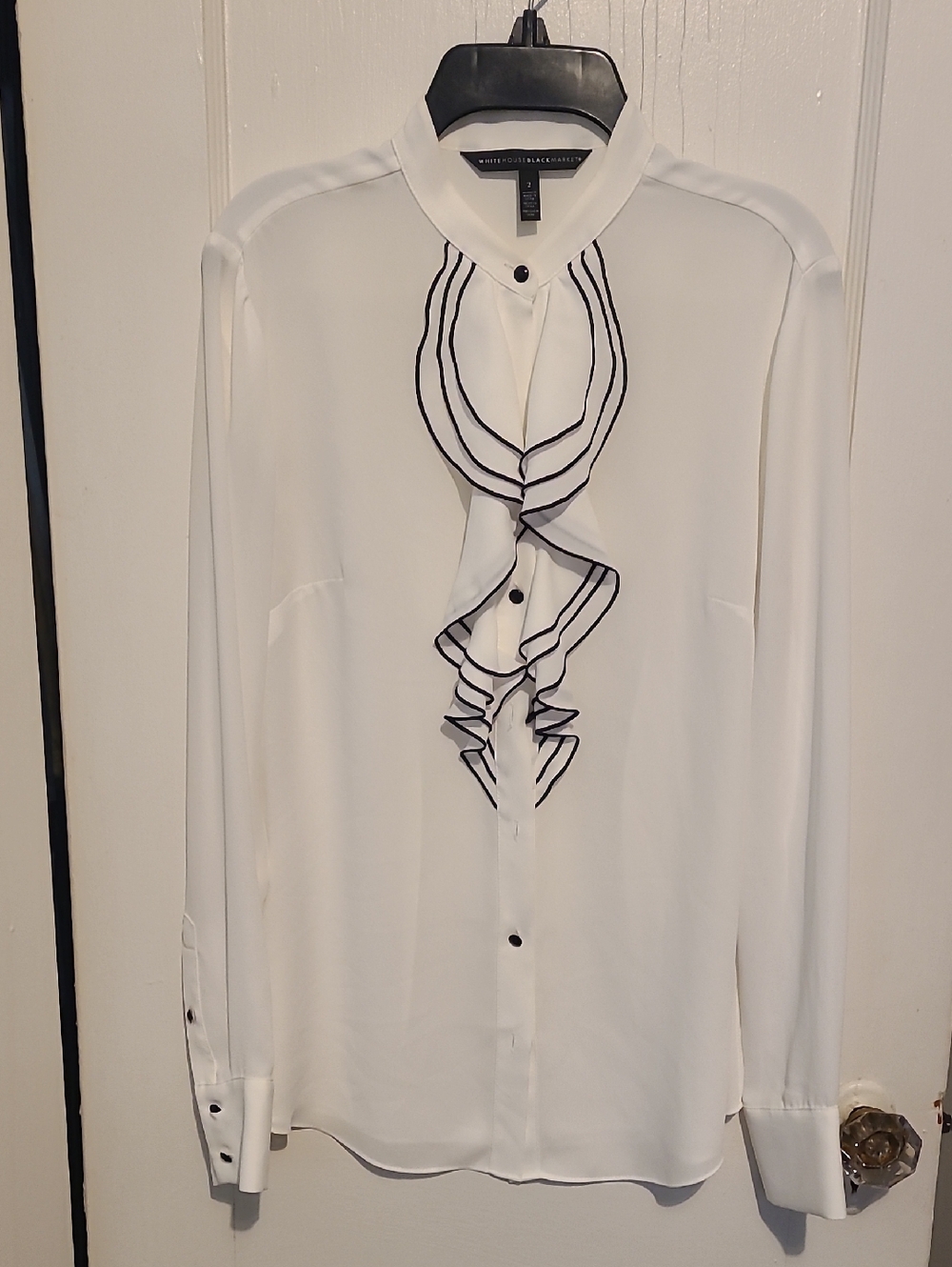 White House Black Market White Blouse with Black Ruffle Trim